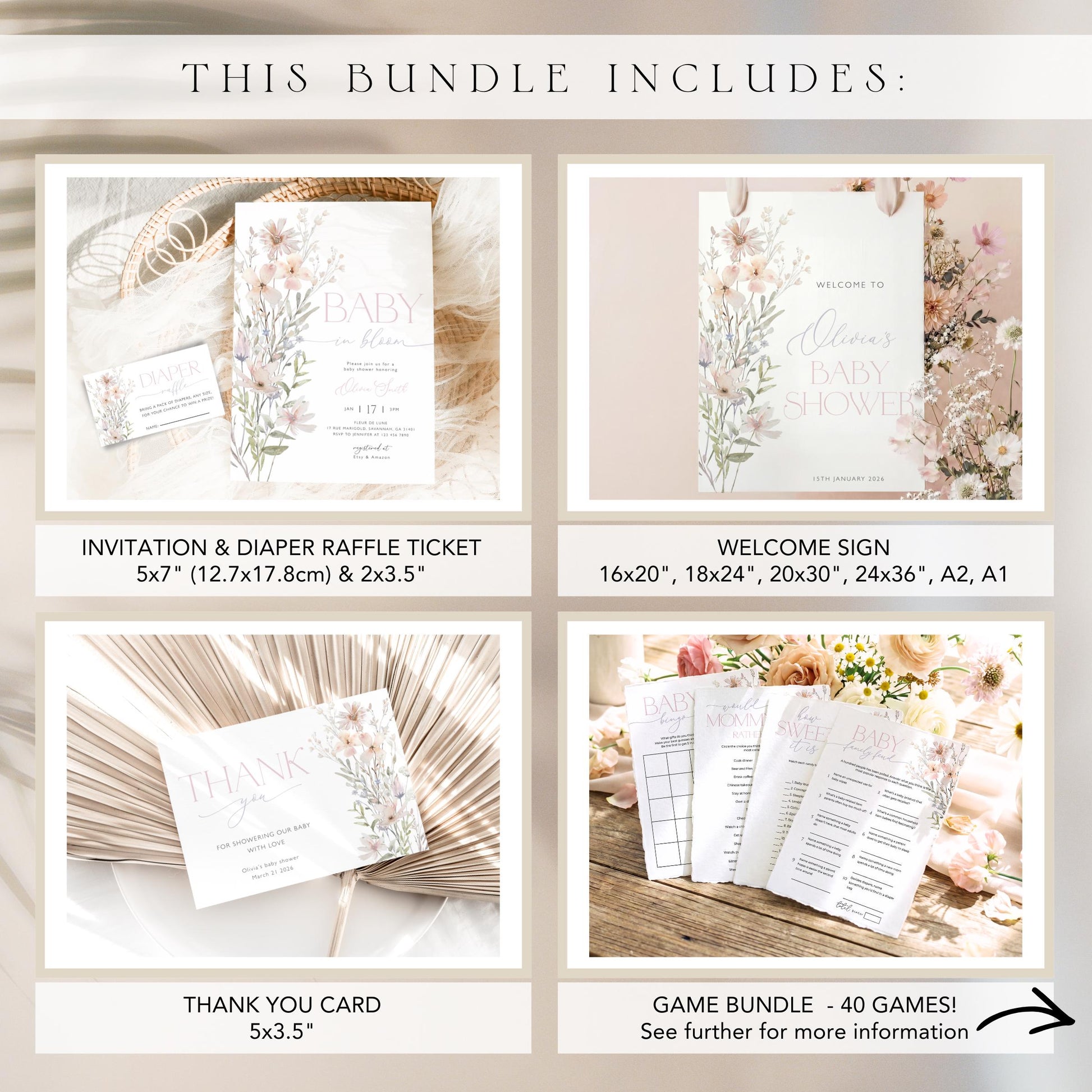 Pink wildflower baby shower decorations bundle with printable party decor