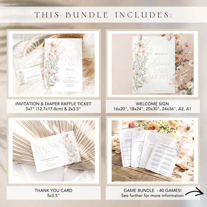 Pink wildflower baby shower decorations bundle with printable party decor