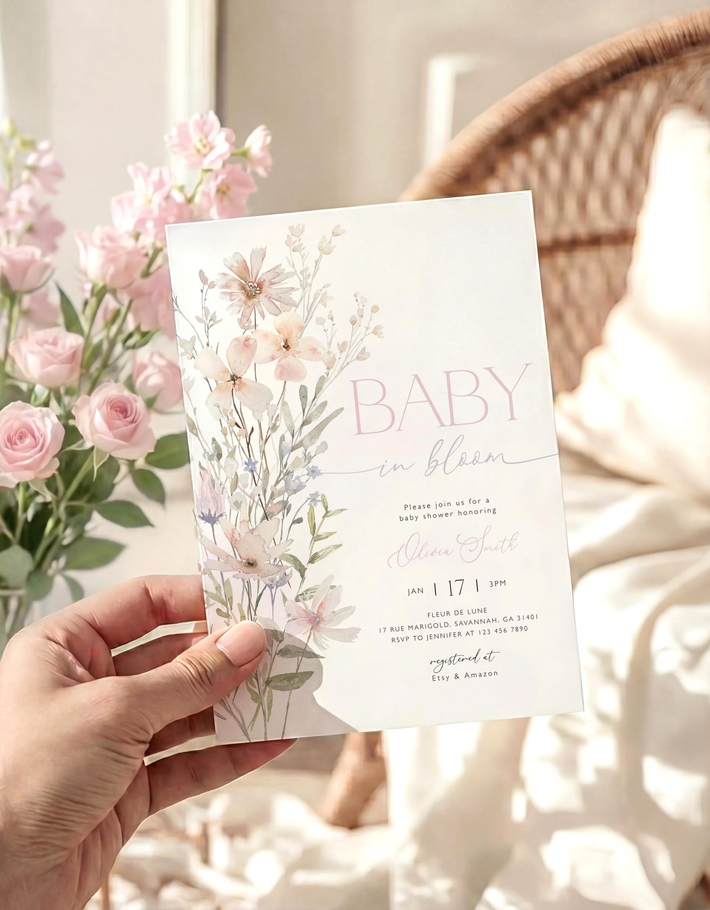 Pink Baby in Bloom Baby Shower Party Bundle, editable Canva template