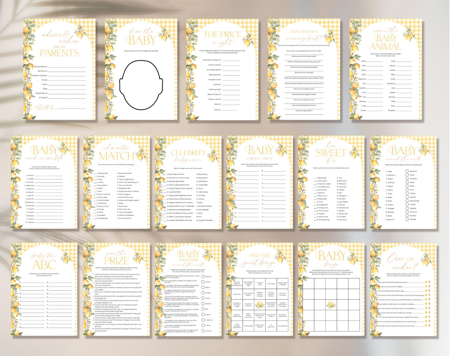 Main Squeeze Baby Shower Game Bundle, editable Canva template