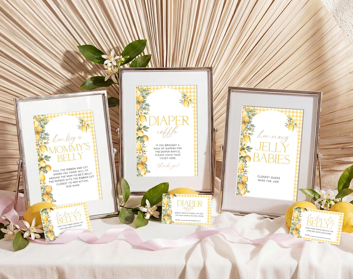 citrus, lemon, pink bow and gingham baby shower games for guest entertainment
