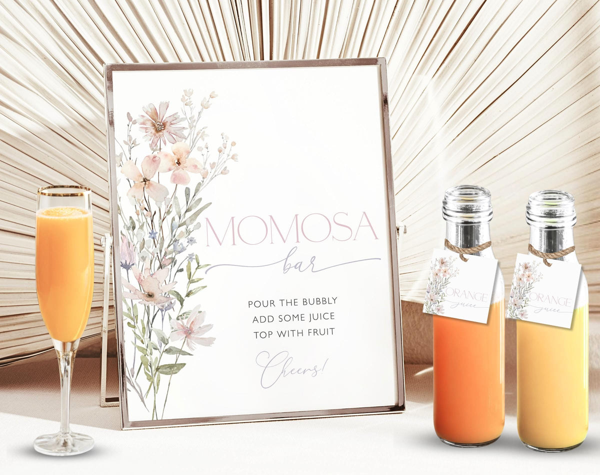 Baby Shower mimosa bar set with drink station sign and juice tags