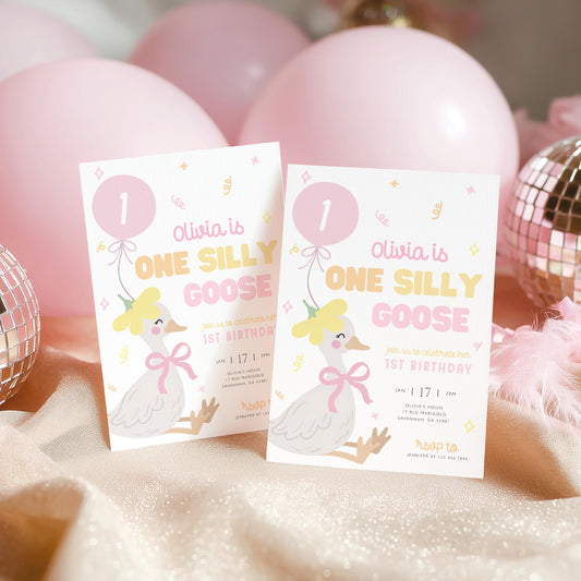 1st birthday, one silly goose, pink, goose on the loose and one year 1st birthday invite for a personalized celebration