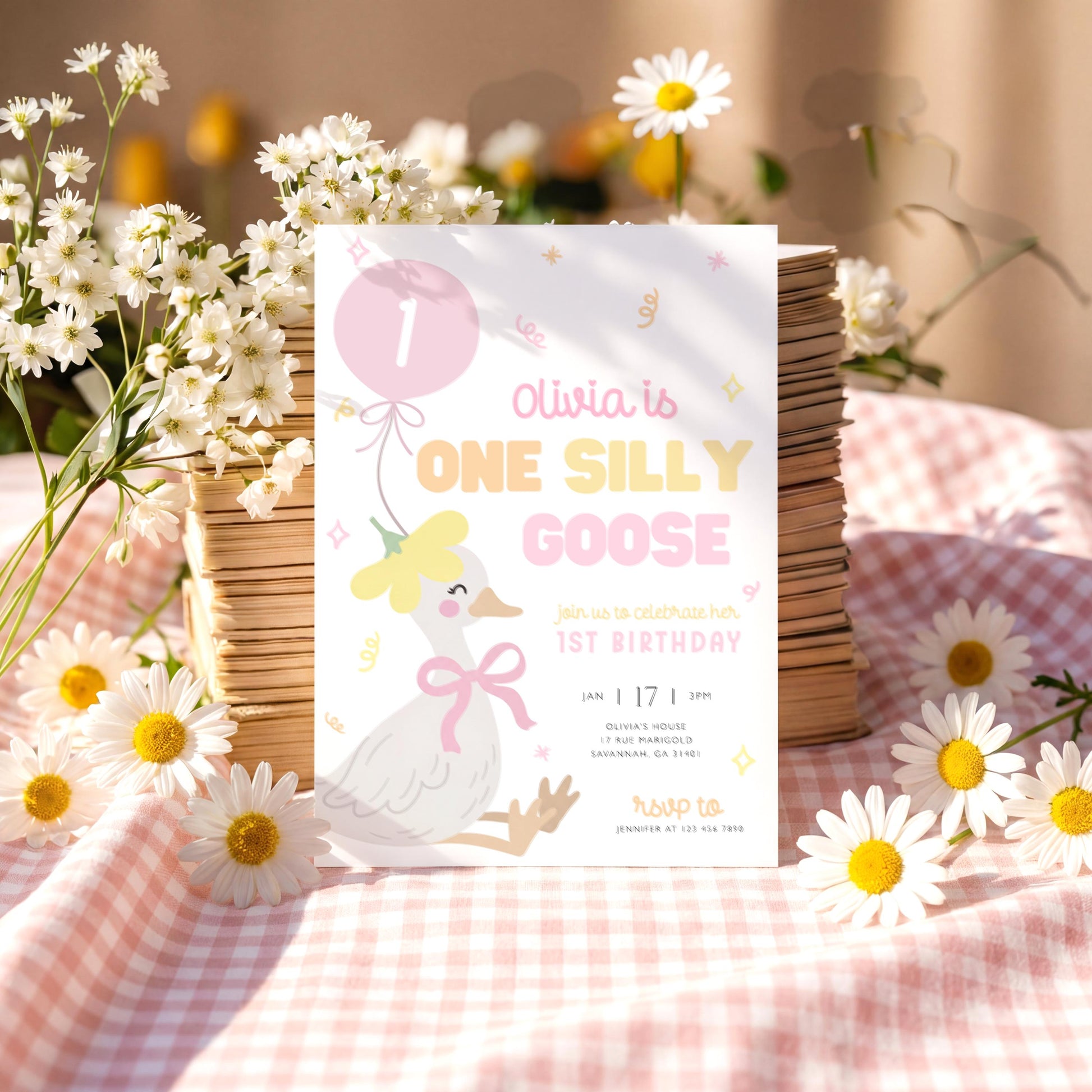 Silly Goose 1st Birthday Invitation for 1st birthday guests and party details