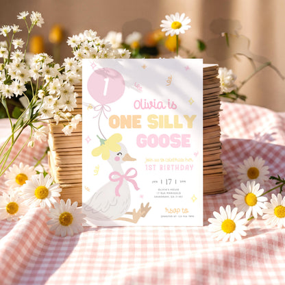 Silly Goose 1st Birthday Invitation for 1st birthday guests and party details