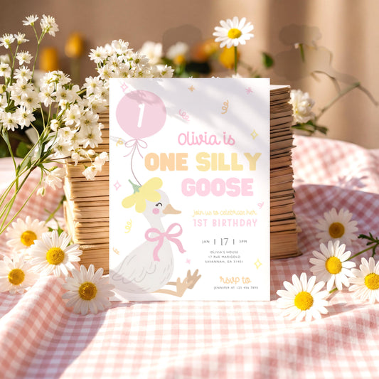 Silly Goose 1st Birthday Invitation for 1st birthday guests and party details