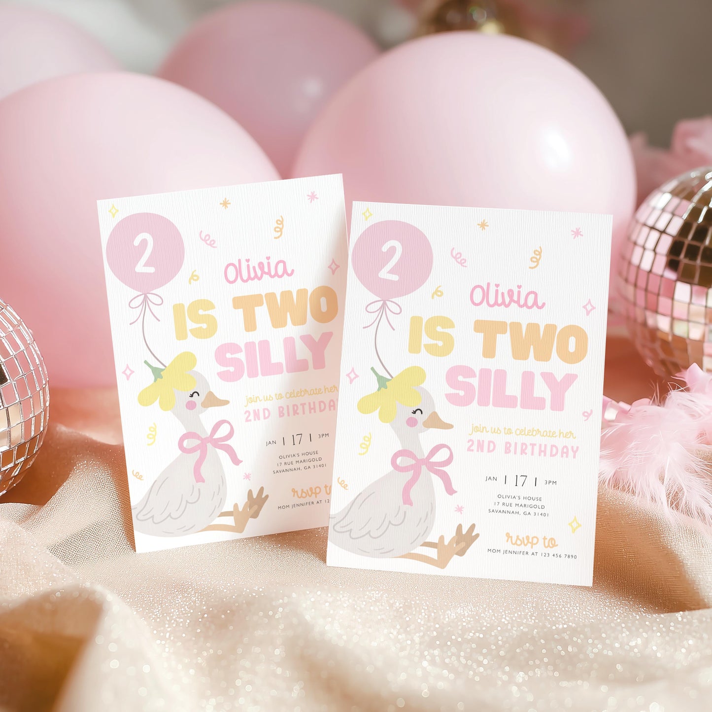 2nd birthday, goose on the loose, pink, two silly goose and two years old birthday invite for a personalized celebration