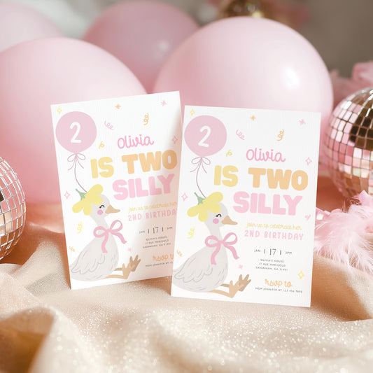 2nd birthday, goose on the loose, pink, two silly goose and two years old birthday invite for a personalized celebration