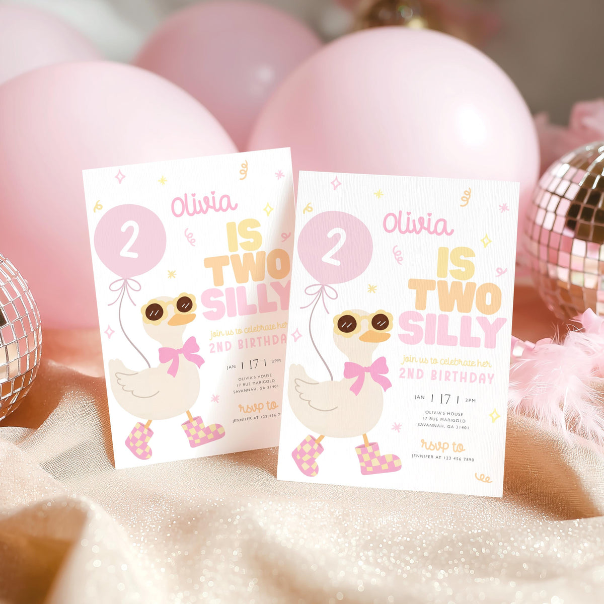 2nd birthday, goose on the loose, pink, two silly goose and two years old birthday invite for a personalized celebration
