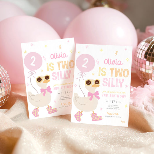 2nd birthday, goose on the loose, pink, two silly goose and two years old birthday invite for a personalized celebration