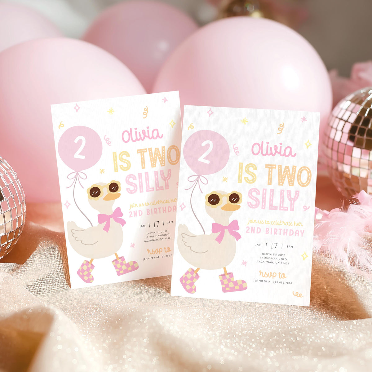 2nd birthday, goose on the loose, pink, two silly goose and two years old birthday invite for a personalized celebration