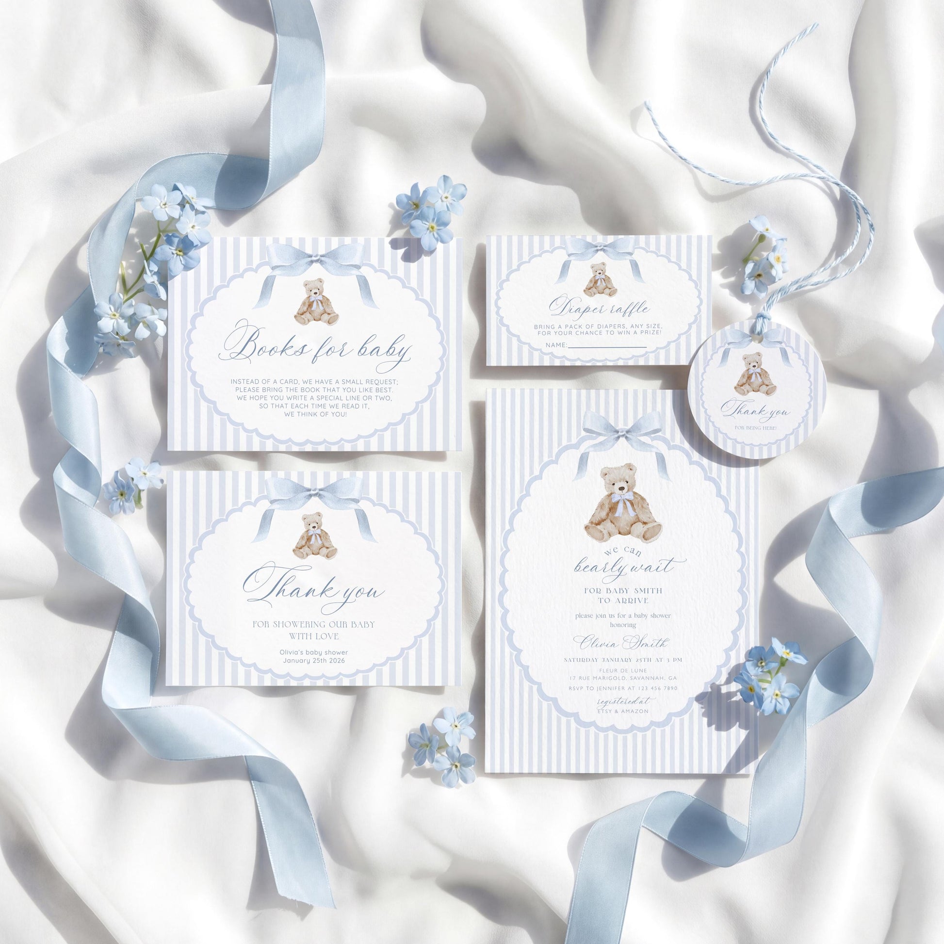 Baby Shower invitation set with invitation, books for baby card, diaper raffle ticket and thank you card