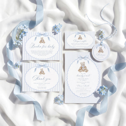 Baby Shower invitation set with invitation, books for baby card, diaper raffle ticket and thank you card