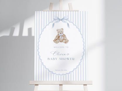 oh boy, teddy bear and blue baby shower welcome sign printable for a themed celebration