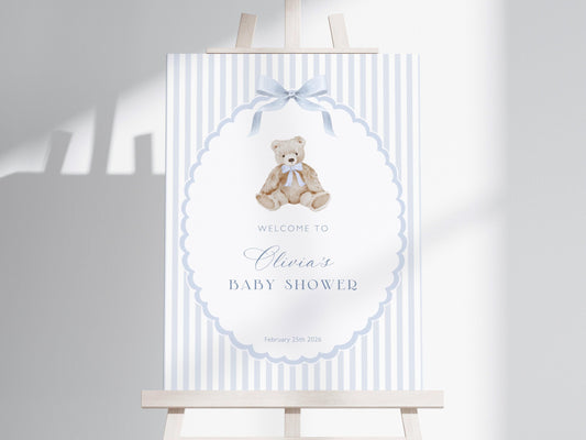 oh boy, teddy bear and blue baby shower welcome sign printable for a themed celebration