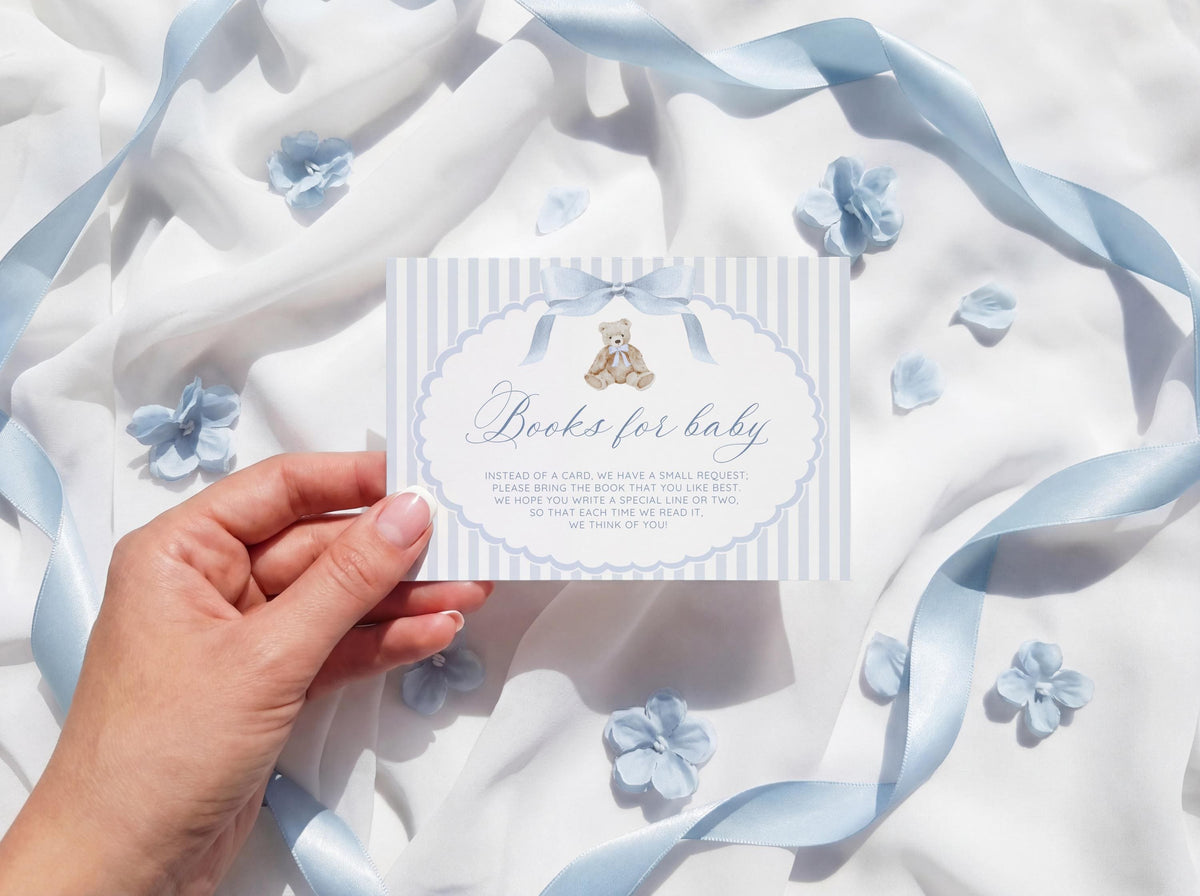 oh boy, teddy bear and blue books for baby card and sign for a baby shower book request