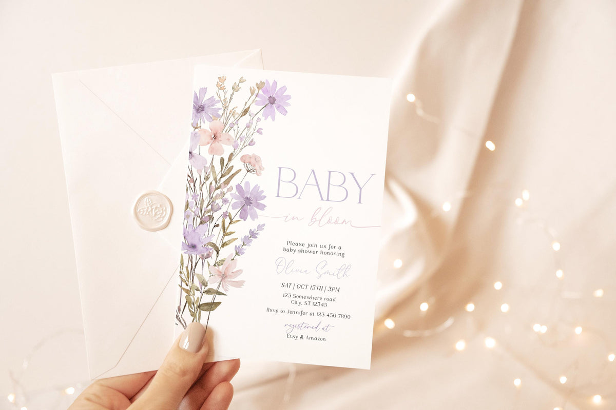 Pink wildflower baby shower invite with soft floral design