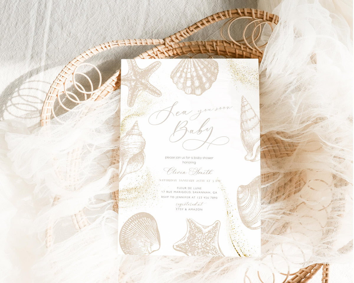 under the sea, nautical and neutral baby shower invite for a personalized celebration