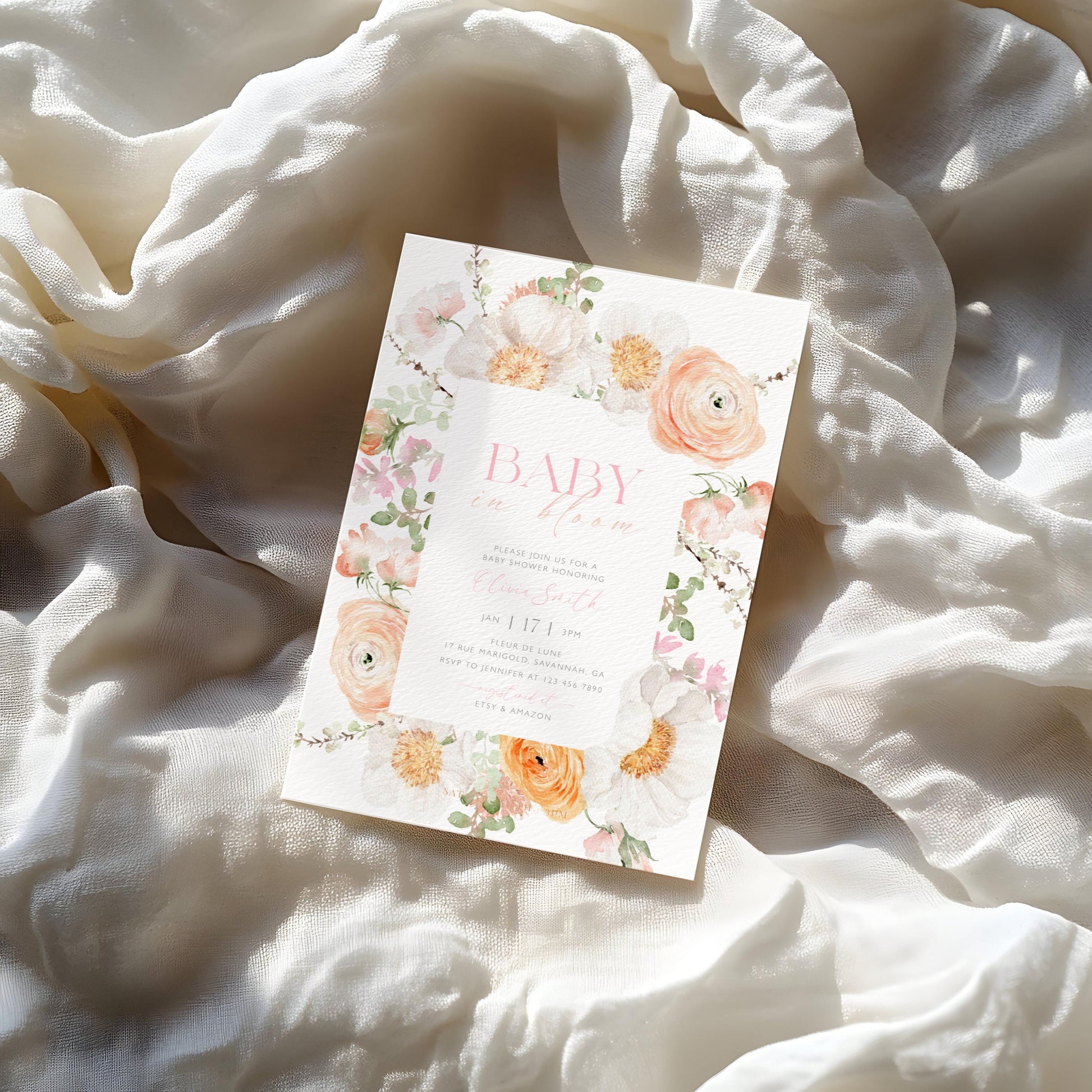 Invitation - Baby in Bloom Baby Shower, editable Canva template