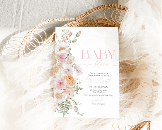 Baby in Bloom baby shower invitation for a floral girl shower