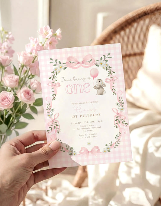 1st birthday, gingham and floral 1st birthday invite for a personalized celebration
