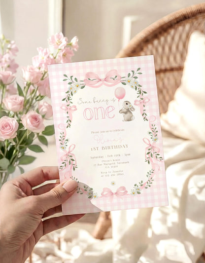 1st birthday, gingham and floral 1st birthday invite for a personalized celebration