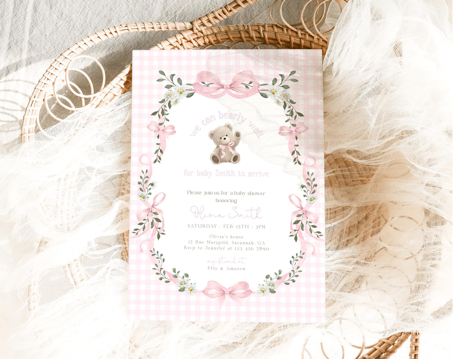 teddy bear, gingham and pink baby shower invite for a personalized celebration