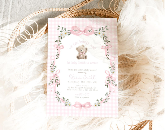 teddy bear, gingham and pink baby shower invite for a personalized celebration