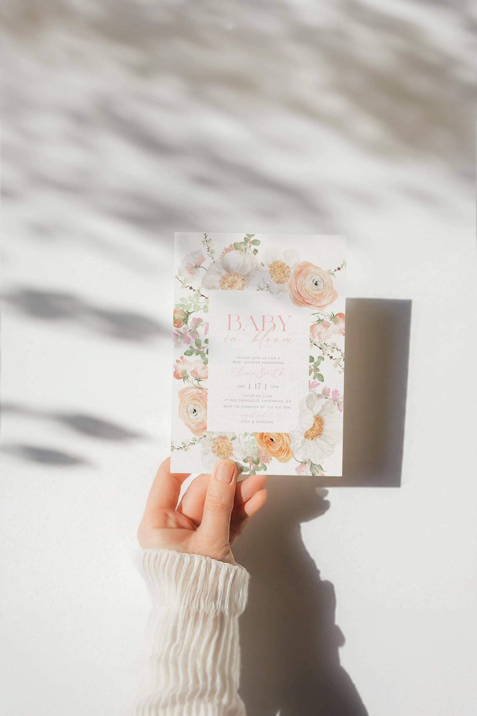 Pink wildflower baby shower invite with soft floral design