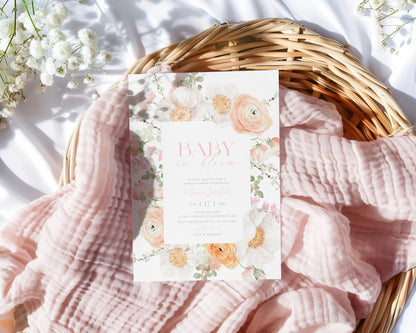 Editable Canva Baby in Bloom invitation to print or send digitally