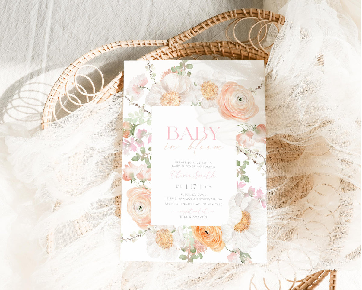 Baby in Bloom baby shower invitation for a floral girl shower