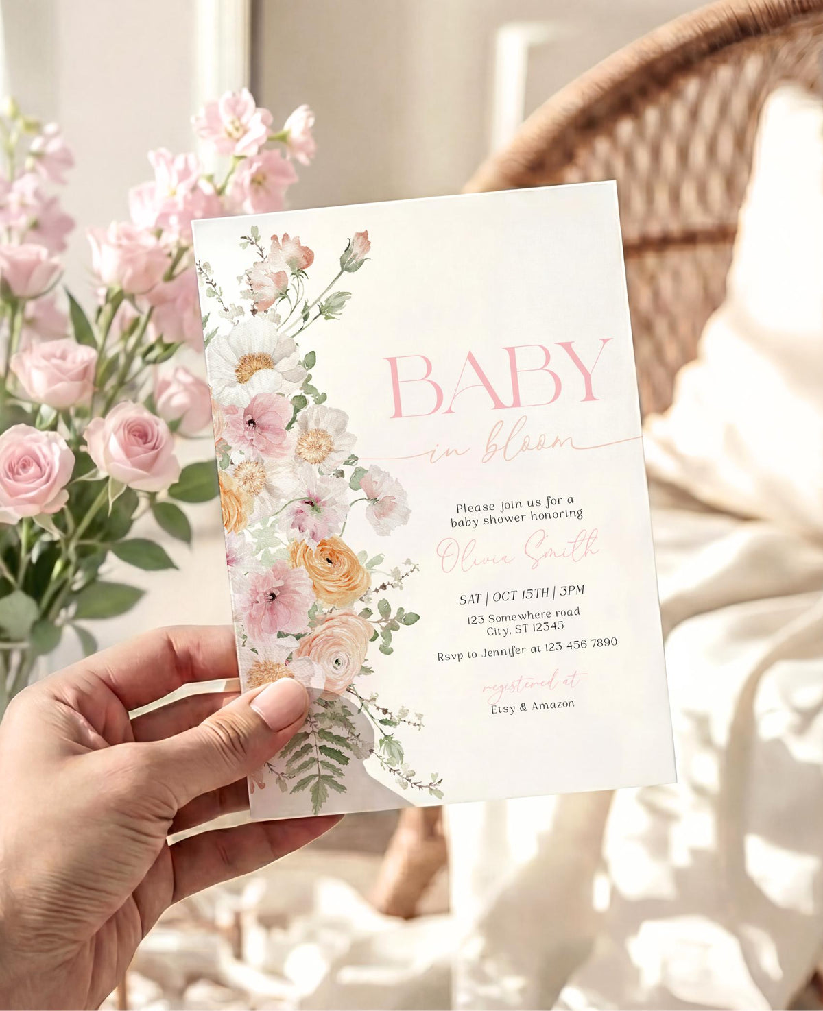 Pink wildflower baby shower invite with soft floral design