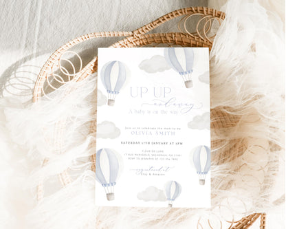 oh boy, balloon and blue baby shower invite for a personalized celebration
