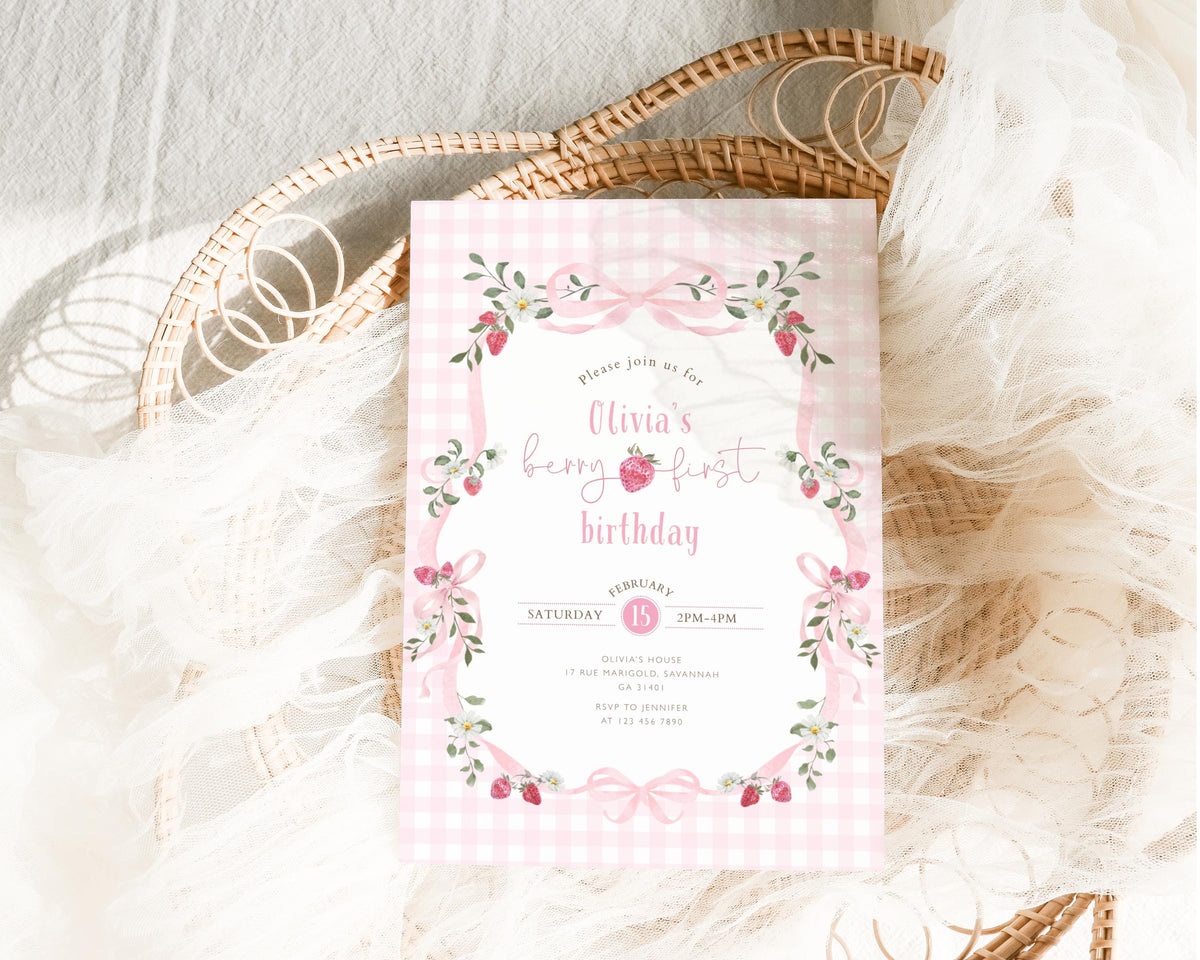 Berry Sweet 1st Birthday Invitation for 1st birthday guests and party details