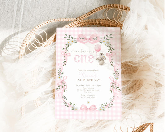 Pink Bow 1st Birthday Invitation for 1st birthday guests and party details