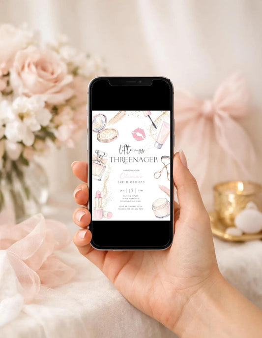 third birthday, spa party, pamper party, glitter glam and in my threenager era birthday invite for a personalized celebration