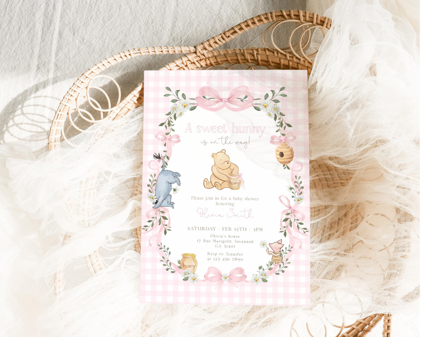 Pink Winnie the Pooh, Piglet and Eeyore baby shower invitation