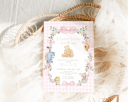 Pink Winnie the Pooh, Piglet and Eeyore baby shower invitation