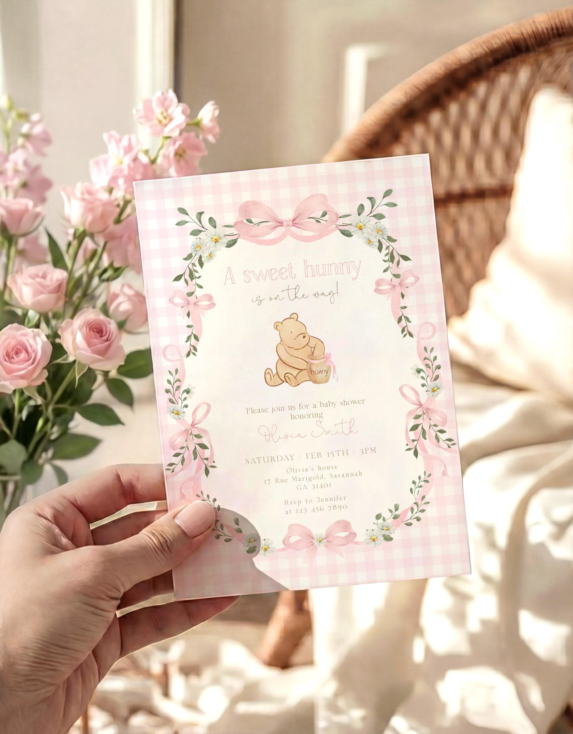 Preview of pink winnie the pooh baby shower invitation with honey pot, gingham, daisies and bows