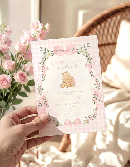 Preview of pink winnie the pooh baby shower invitation with honey pot, gingham, daisies and bows