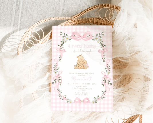 Pink Winnie the Pooh baby shower invitation with honey pot, gingham, daisies and bows