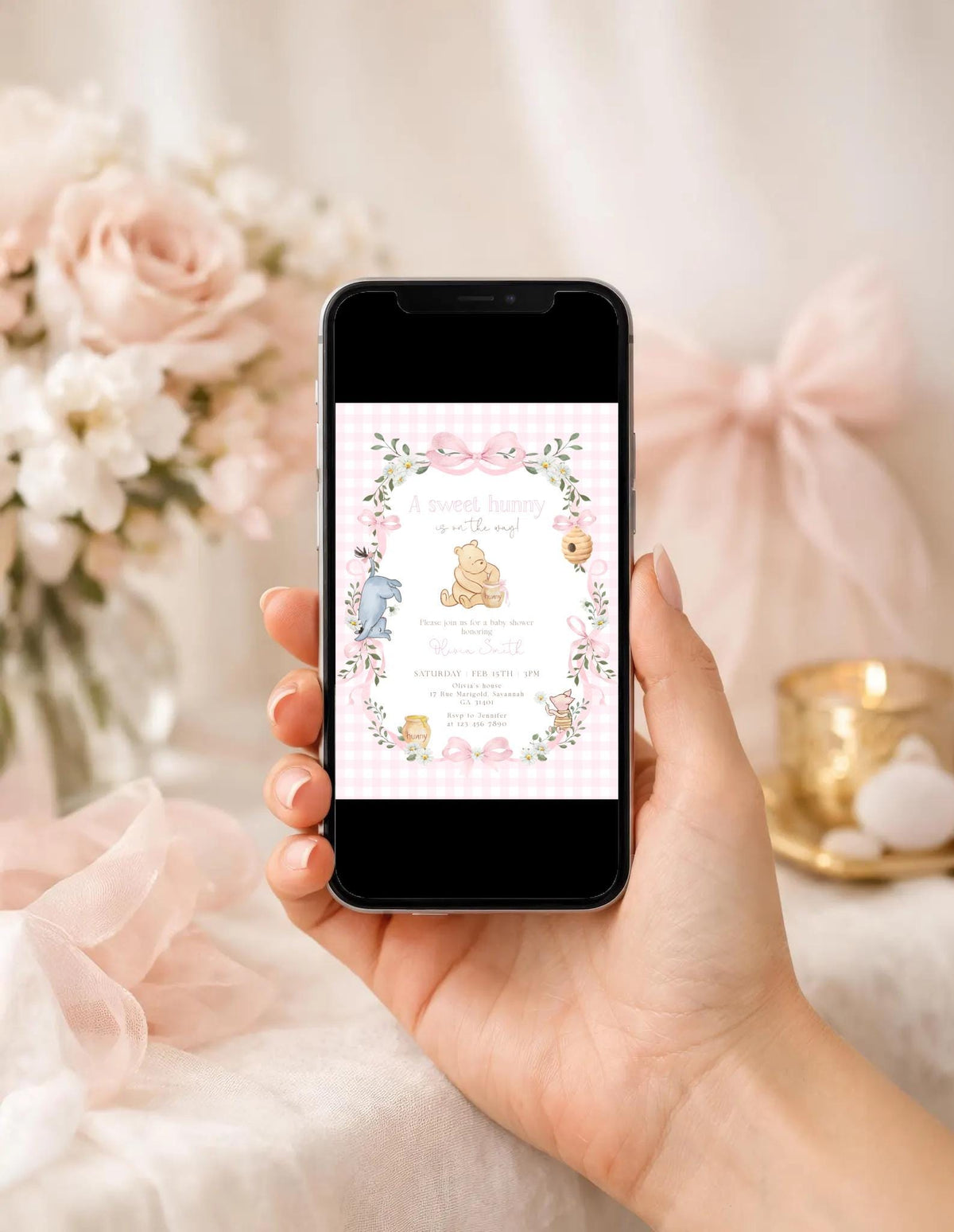 Editable details of pink winnie the pooh, piglet and eeyore baby shower invitation