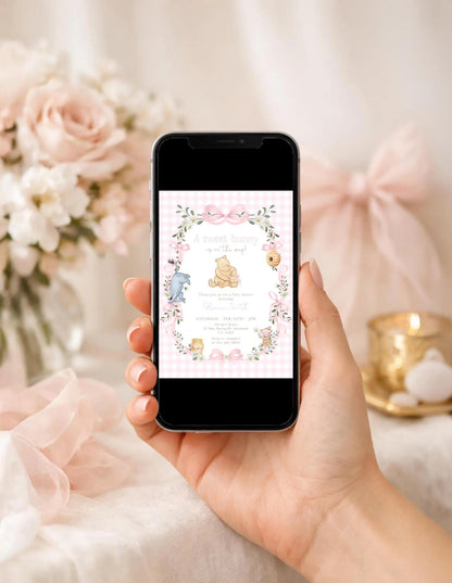 Editable details of pink winnie the pooh, piglet and eeyore baby shower invitation