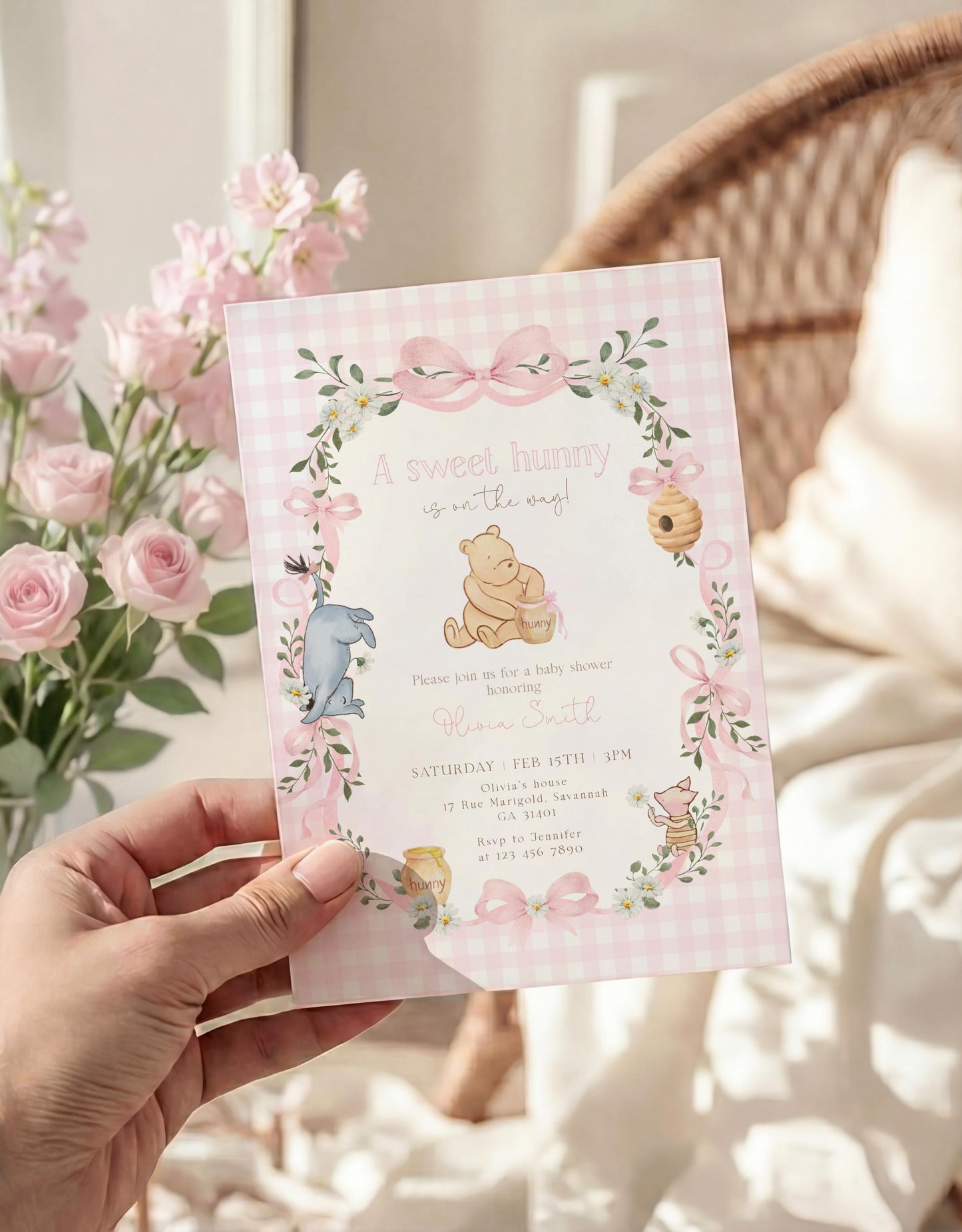 Preview of pink winnie the pooh, piglet and eeyore baby shower invitation