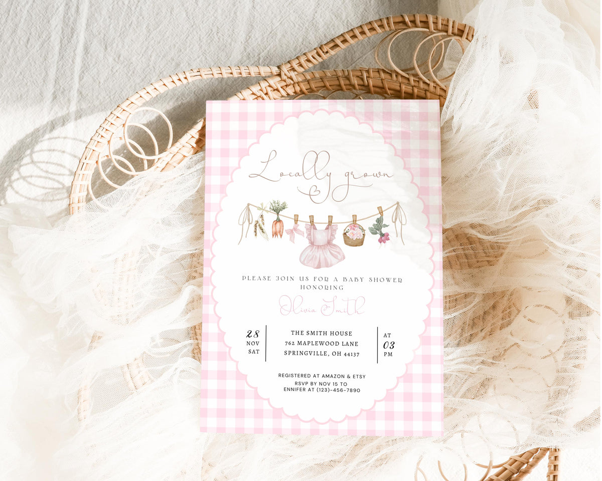 Locally Grown baby shower invitation with pink gingham scalloped frame and garden clothesline