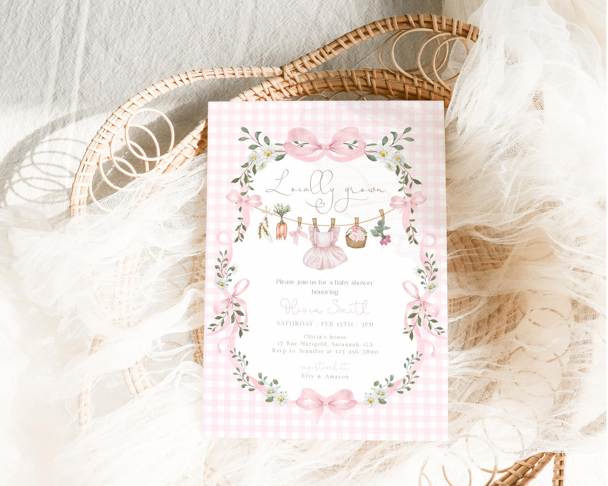 Locally Grown coquette baby shower invitation with pink gingham floral bows and garden clothesline