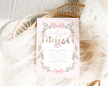 Locally Grown coquette baby shower invitation with pink gingham floral bows and garden clothesline