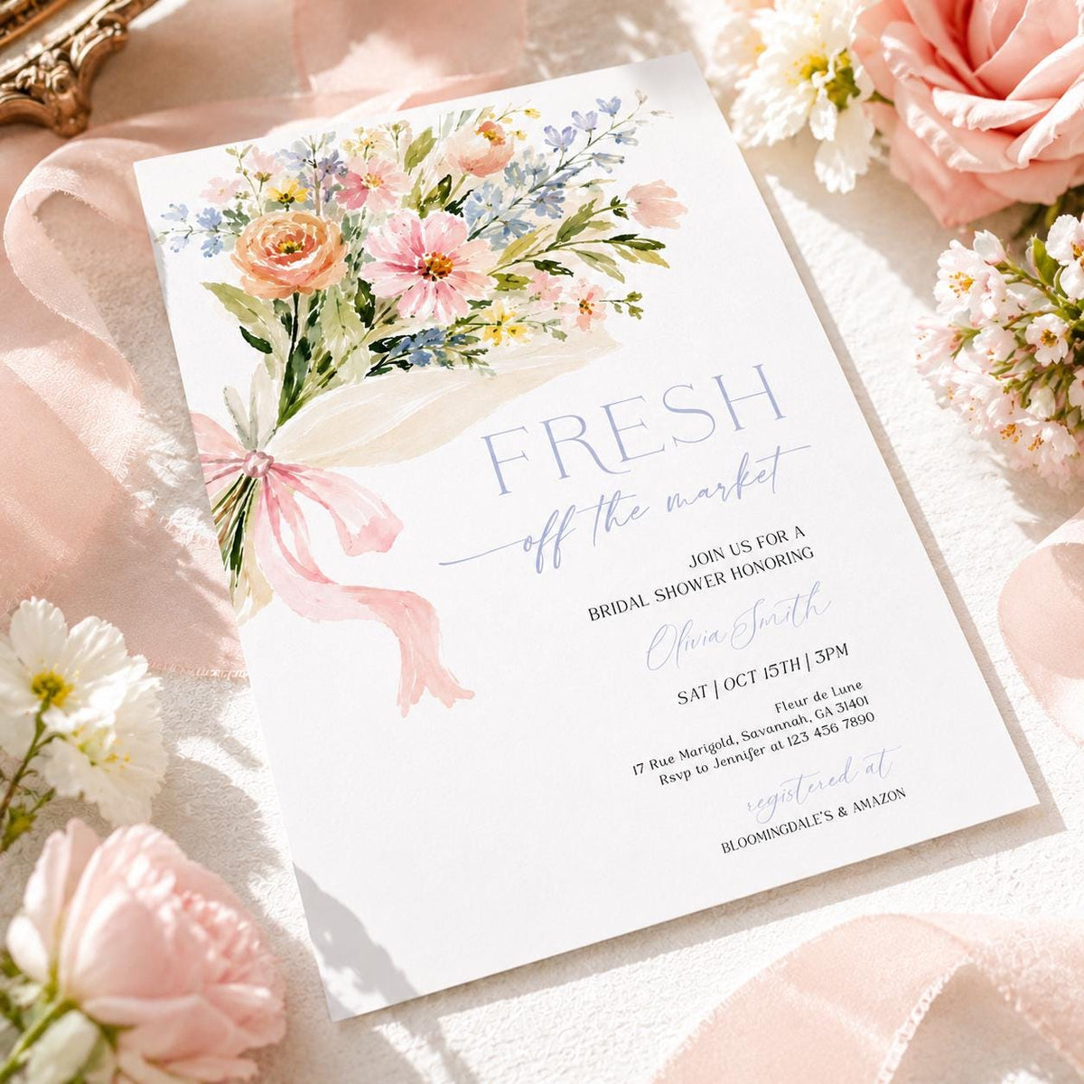 Preview of fresh off the market bridal shower invitation with airy pastel bouquet and pink ribbon