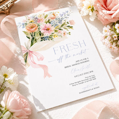 Preview of fresh off the market bridal shower invitation with airy pastel bouquet and pink ribbon
