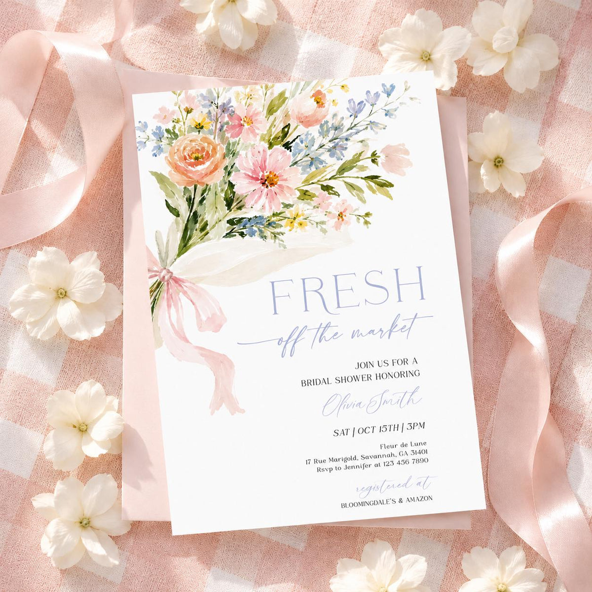 Fresh Off the Market bridal shower invitation with airy pastel bouquet and pink ribbon